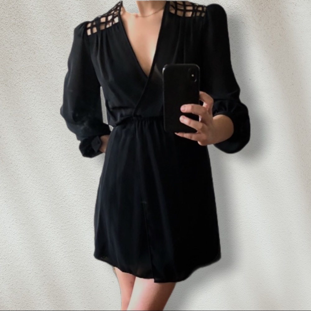 Vintage Black Sheer V-neck Mini Dress w/ Caged Style Lattice Open Back Small + - Picture 10 of 16